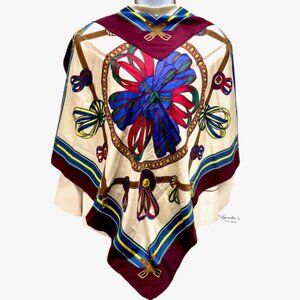 Vgt Longchamp Paris 100% Silk Satin Scarf, ivery navy blue burgend bow logo(2)